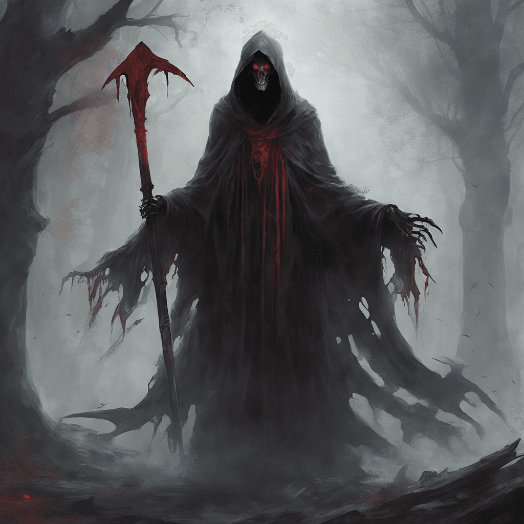 A towering figure draped in tattered cloaks. Its face obscured by a hood, with only the faint glow of malevolent red eyes peering out. Ethereal mist weaves around its skeletal form, clasping a scythe that radiates a sinister aura.