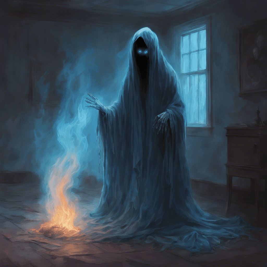 A spectral figure, shrouded in tatters of once-fine cloth, lingers in the room’s corner, its hollow eye sockets burning with an ethereal blue flame. It drifts ominously, exuding a chilling presence that saps the warmth from the air.