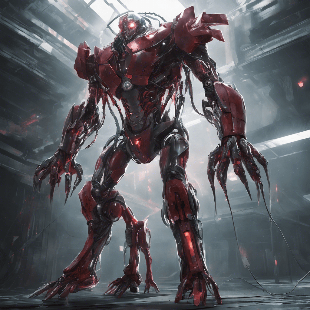 A towering cyborg with limbs replaced by sharp, rotating sawblades that gleam with a cold light. Its eyes, an unblinking crimson, scan rapidly for threats. Hoses and wires entangle its metal frame, pulsing with power.