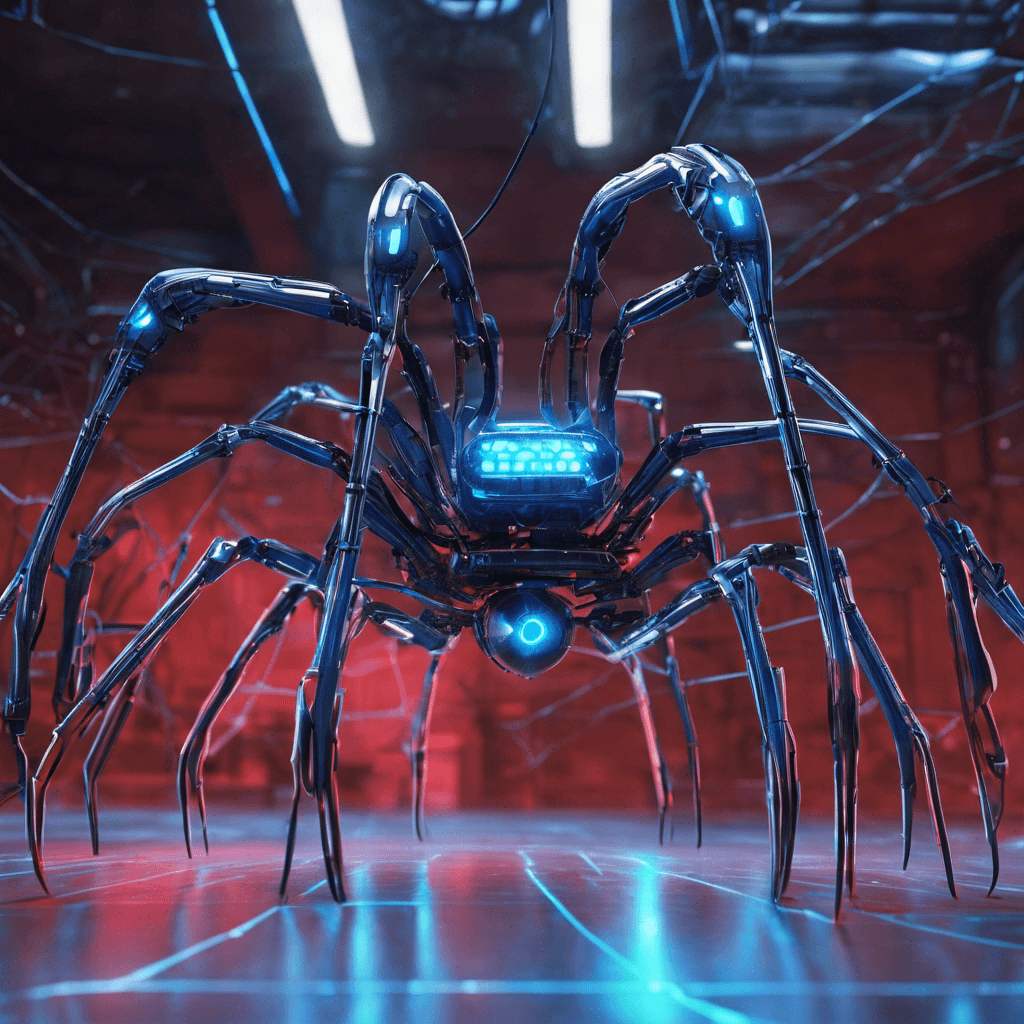 A menacing robotic spider looms, its sleek metallic limbs arching with electric blue neon lines. Cybernetic enhancements intertwine with its exoskeleton, pulsing with data streams. Glowing red sensors act as eyes, scanning for prey in this technologically tangled web.