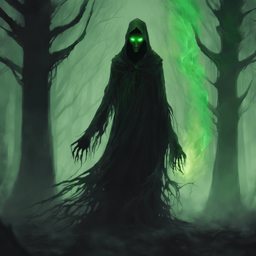 The Specter of the Darkwood is a shadowy figure that seems to shift and twist in the dim light, emanating an aura of cold that chills you to the bone. Its eyes glow with an eerie green light, and its movements are silent and graceful as it hovers towards you.