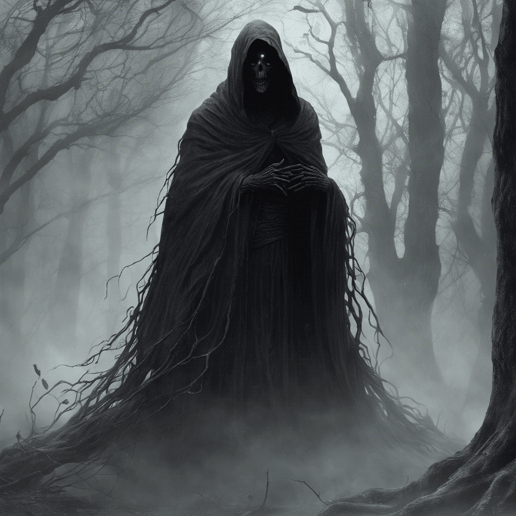 A ghastly figure cloaked in shadows, with hollow eyes that seem to pierce through the soul. Its form shifts and wavers, leaving a trail of cold mist in its wake. The Specter of the Blackwood emits an eerie whisper that instills fear in those who hear it, drawing strength from their terror.