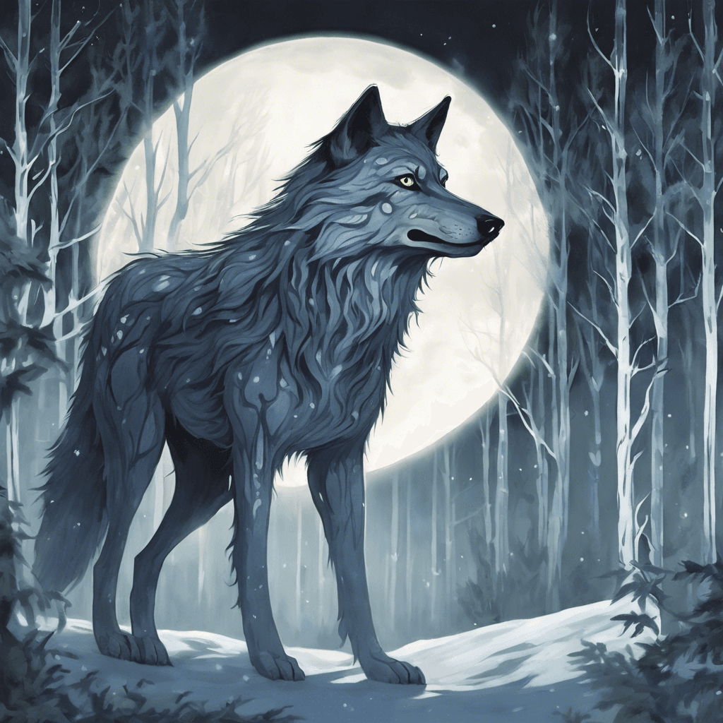 A ghostly wolf with ethereal fur that seems to be made of moonlight, glowing eyes that pierce through the darkness of the forest. Its presence chills the air, causing frost to form on the foliage around.