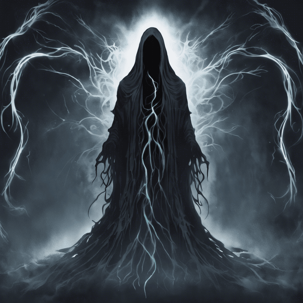 A wraith with a formless silhouette that flickers in and out of visibility. Its eyes are glowing points of light, and tendrils of dark mist swirl around its being.