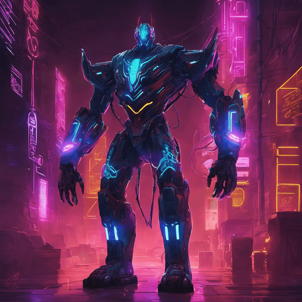 The Neon Sentinel is a towering cybernetic guardian, its body covered in sleek, glowing neon circuits that hum with power. Its eyes scan the surroundings with predatory precision, ready to unleash its formidable strength on any intruders.