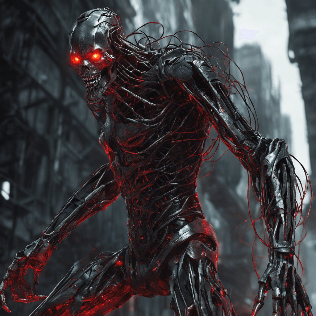 A tall, menacing figure with a metallic jaw and glowing red eyes. Numerous cybernetic enhancements cover their body, including bladed wire whips integrated into their forearms and a network of scars etched across exposed skin.