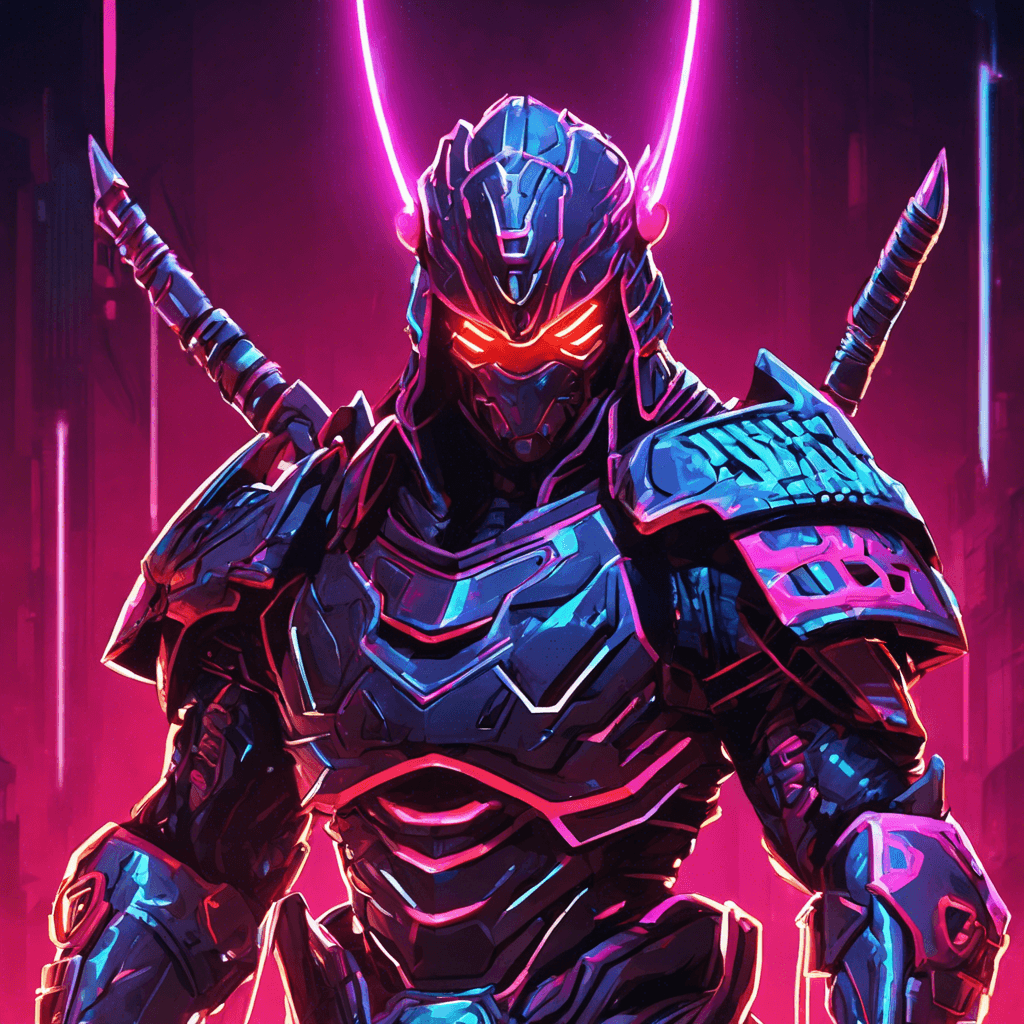 The Neon Samurai is a cybernetically enhanced warrior, clad in a sleek, futuristic armor that glows with neon lights. Their eyes are replaced with glowing red cybernetic implants, enhancing their combat abilities. They move with lightning speed and deadly precision, ready to strike down any intruders in their path.