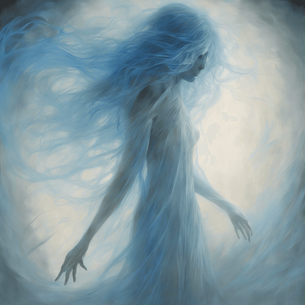 A translucent figure caught between shadow and light, with piercing blue eyes that glow like the first hint of dawn. Its wispy form is an ethereal blue that almost blends with the breaking day, yet a sinister aura belies its serene appearance. It moves with an elegance that speaks of untold years, and the air around it shimmers with a spectral chill.