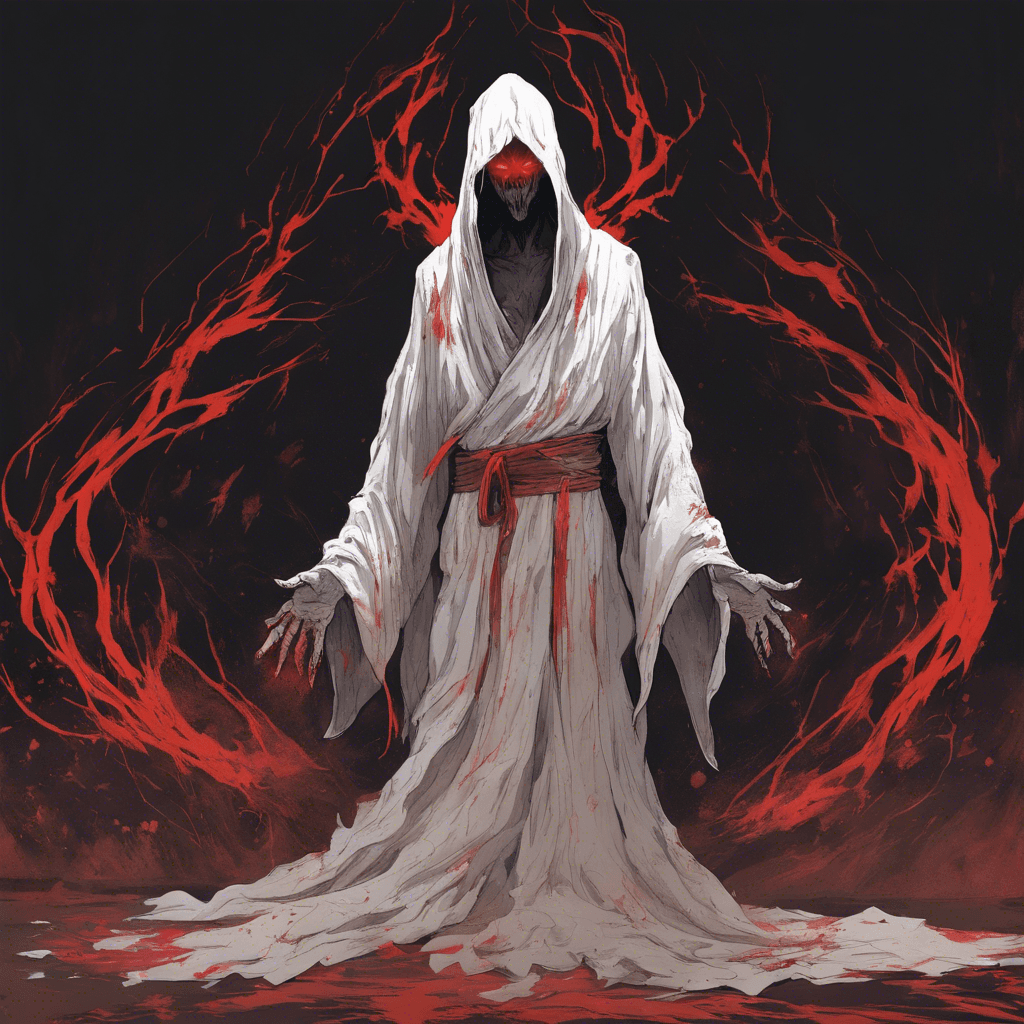 A ghostly figure shrouded in tattered robes, with eyes glowing red like coals and hands that end in talon-like claws, seeming to absorb the dim light around it.