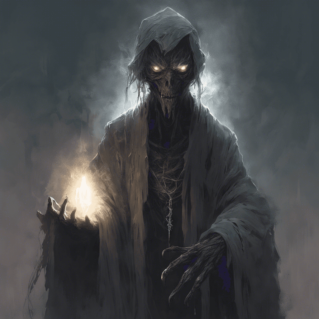 A sinister figure draped in tattered robes, with eyes that glow with an otherworldly light. Long, clawed fingers extend from its sleeves, and an aura of chilling malevolence emanates from it.