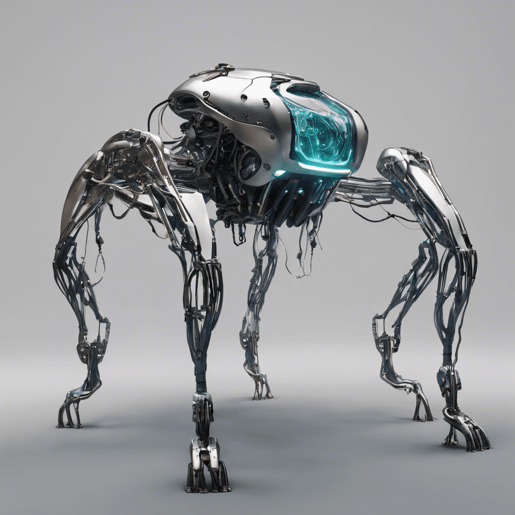 A quadrupedal robot with sleek, metallic body and eerie luminescent eyes. Its limbs are equipped with razor-sharp extensions, and cables dangle from its open-chassis torso like the tendrils of a metal jellyfish.