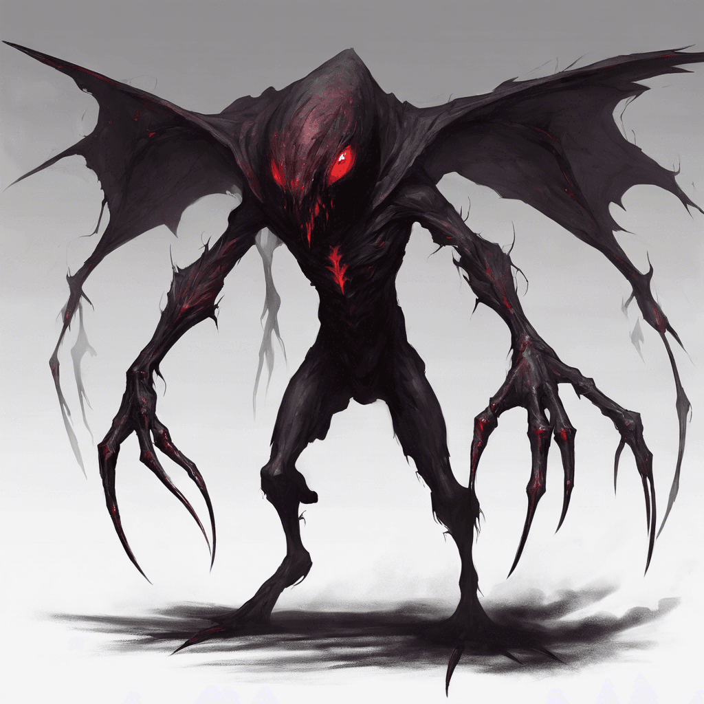 A lithe creature cloaked in shadows, with elongated limbs ending in sharp claws, and crimson eyes that glow menacingly from its pitch-black face, shrouded by the dark miasma of the forest.