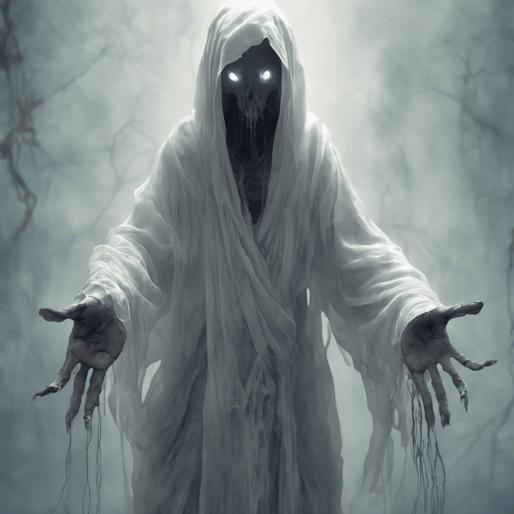 A translucent figure with hollow eyes and tattered robes, its long, clawed hands reaching out with a ghostly chill.