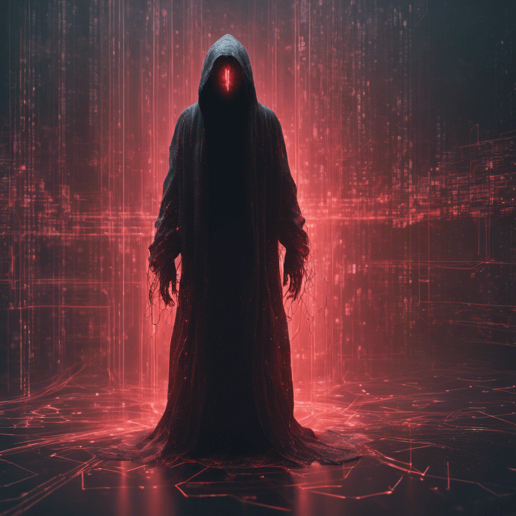 A humanoid figure shrouded in digitized cloaks, its face a blur of shifting code and glowing red eyes. It moves with a glitch-like stutter, as if phasing in and out of reality, with tendrils of raw data streaming from its fingertips.