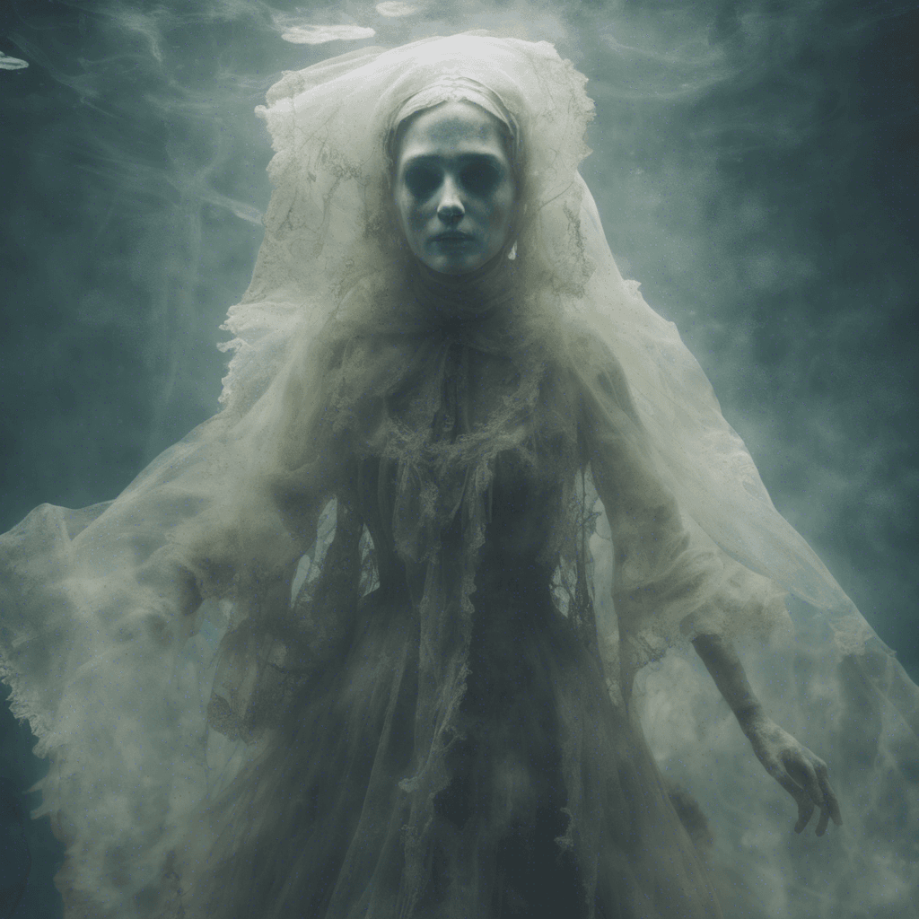 A spectral figure, translucent and flickering, with tattered Victorian garments floating as if submerged underwater. Its face is a blur, save for two glowing, malevolent eyes.