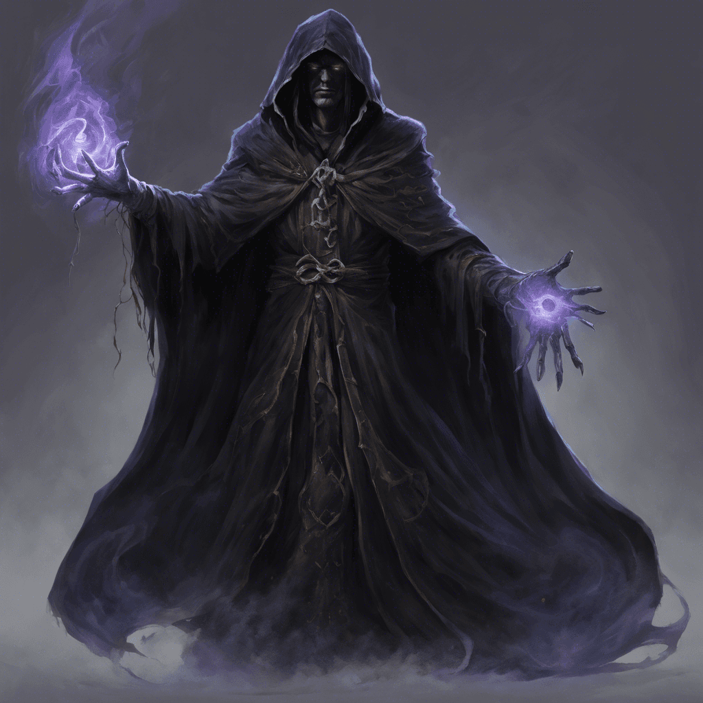 The Dark Sorcerer is a gaunt figure shrouded in a cloak of shadows. His eyes gleam with a baleful light, and his hands crackle with forbidden magical energy.