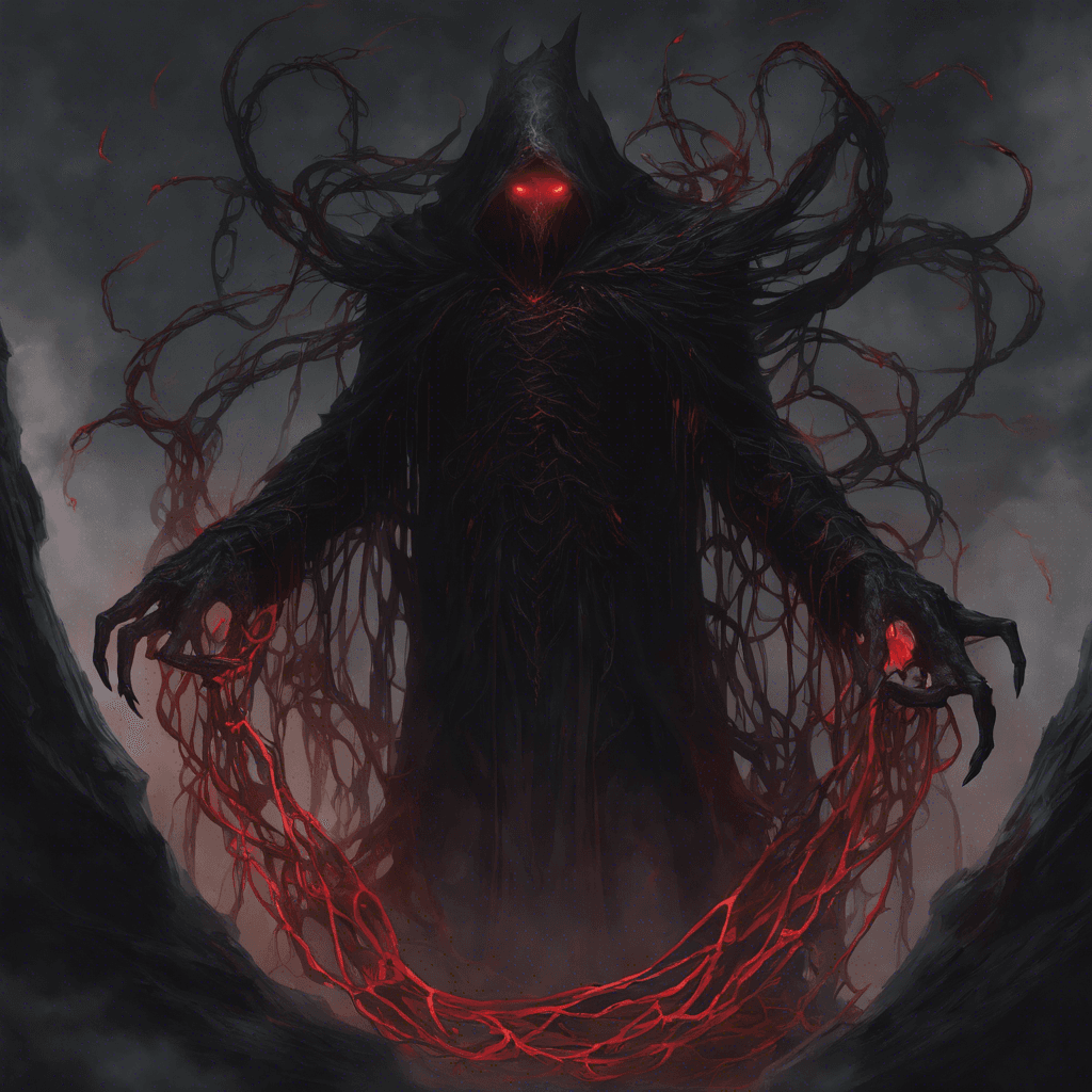 A towering figure cloaked in darkness, with glowing red eyes and tendrils of shadow swirling around its form. Ethereal chains clink softly as it moves, and its hands appear to be sharp claws made of pure darkness.