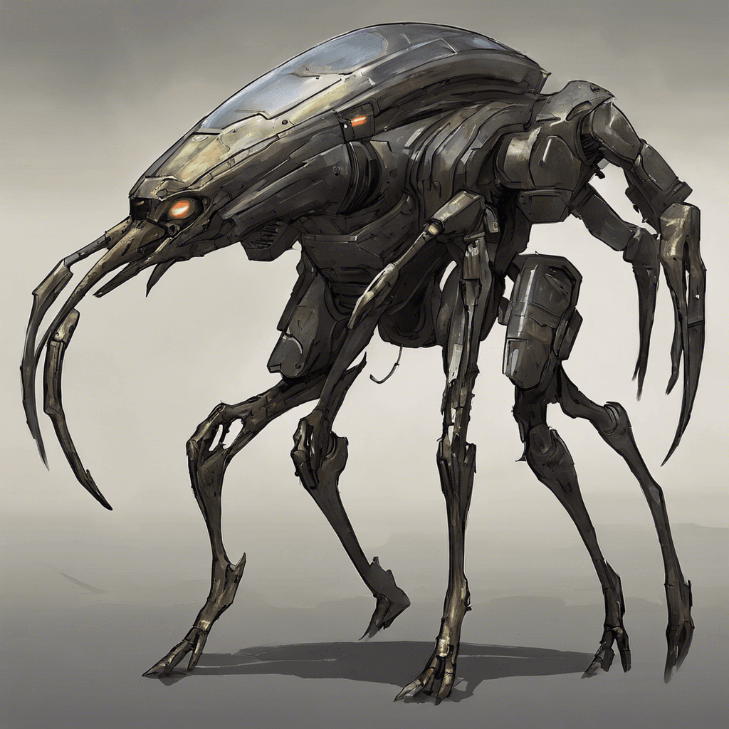 The Zyphorian Scavenger is a slender, metallic being with long limbs, sharp claws and a head that emits a faint, ominous glow. It appears to be outfitted with scavenged armor plates and myriad of sensors and probes.