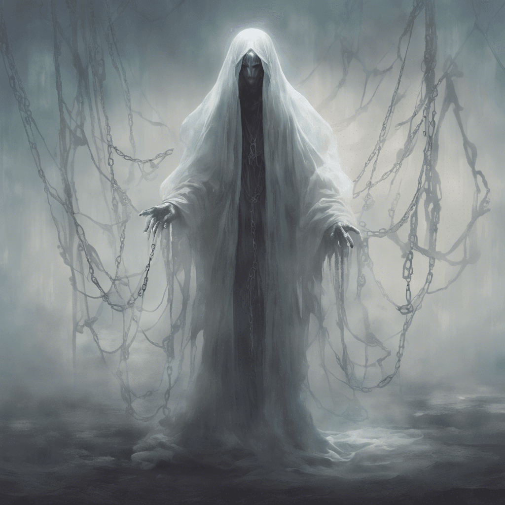 A translucent figure, cloaked in tattered robes, floats above the ground. Its face is a pale blur, with hollow eyes that gleam with malice. Ethereal chains rattle softly as it moves.