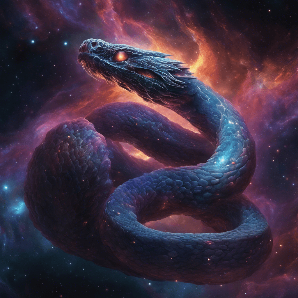 The Nebula Serpent is a massive creature with scales that shimmer like the swirling colors of a nebula. Its glowing eyes stare into the void with an otherworldly intelligence, as it moves through the asteroid fields with a sinuous grace, leaving trails of stardust in its wake.