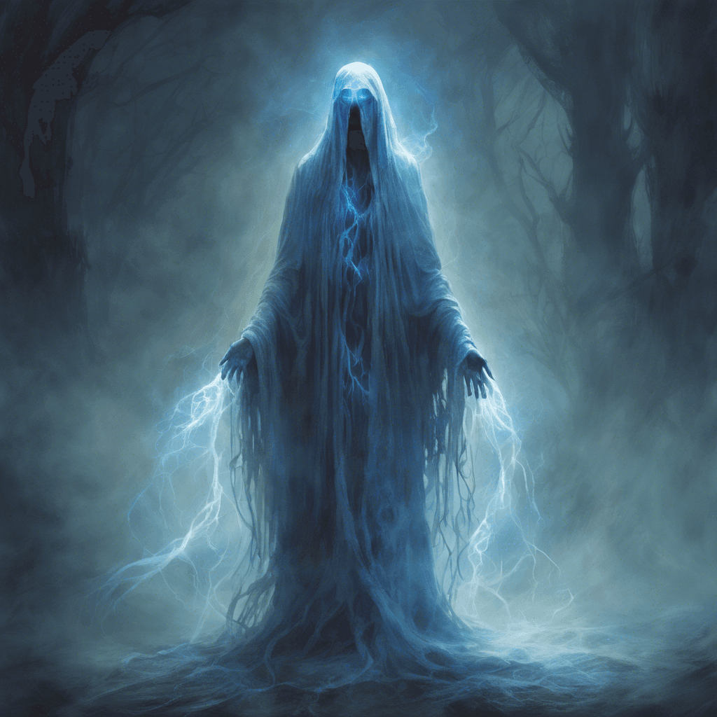 A spectral figure shrouded in tattered robes, its eyes glowing with an ethereal blue light, tendrils of dark mist coiling around its ghostly form.