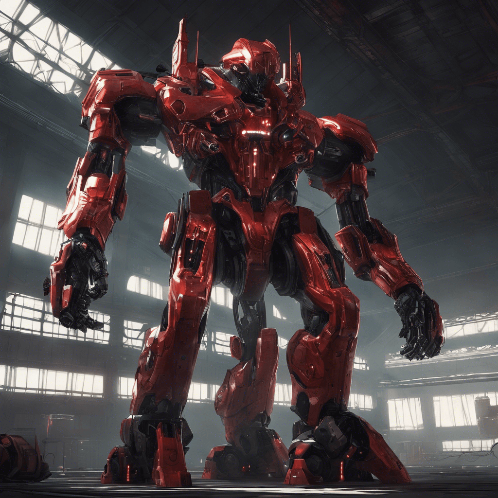 A towering humanoid robot with a gleaming metallic surface, its optics glow with a menacing red light, casting an ominous shadow over the hangar bay. Its arms are equipped with integrated blaster cannons, and its chassis is adorned with pulsating energy nodes.