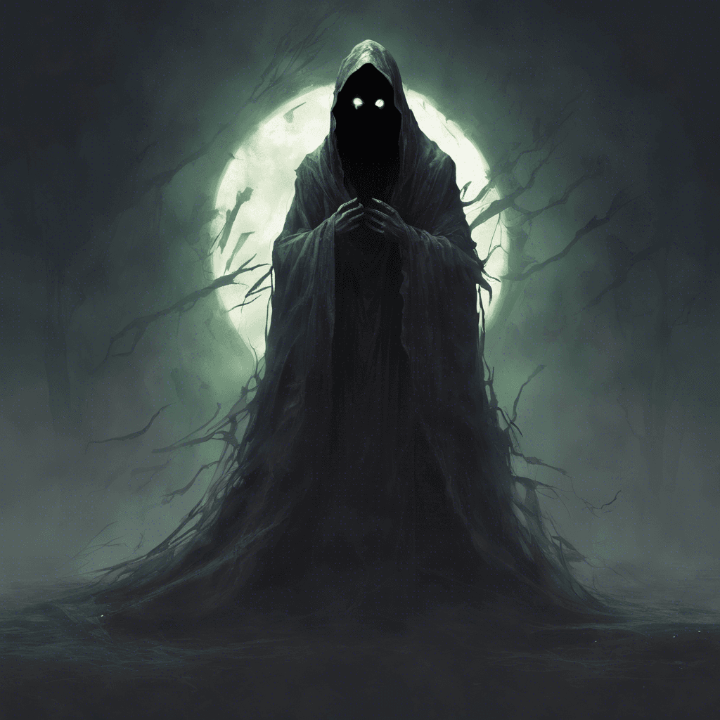 A spectral figure shrouded in tattered robes, floating inches above the ground, its face obscured by shadows, save for two glowing, malevolent eyes.