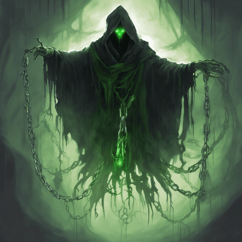 A shadowy figure, with eyes glowing a sickly green and ethereal chains clanking softly as it hovers inches above the ground. Its form is tattered and ragged, a ghostly semblance of a once formidable wizard, now turned into a harbinger of pestilence.