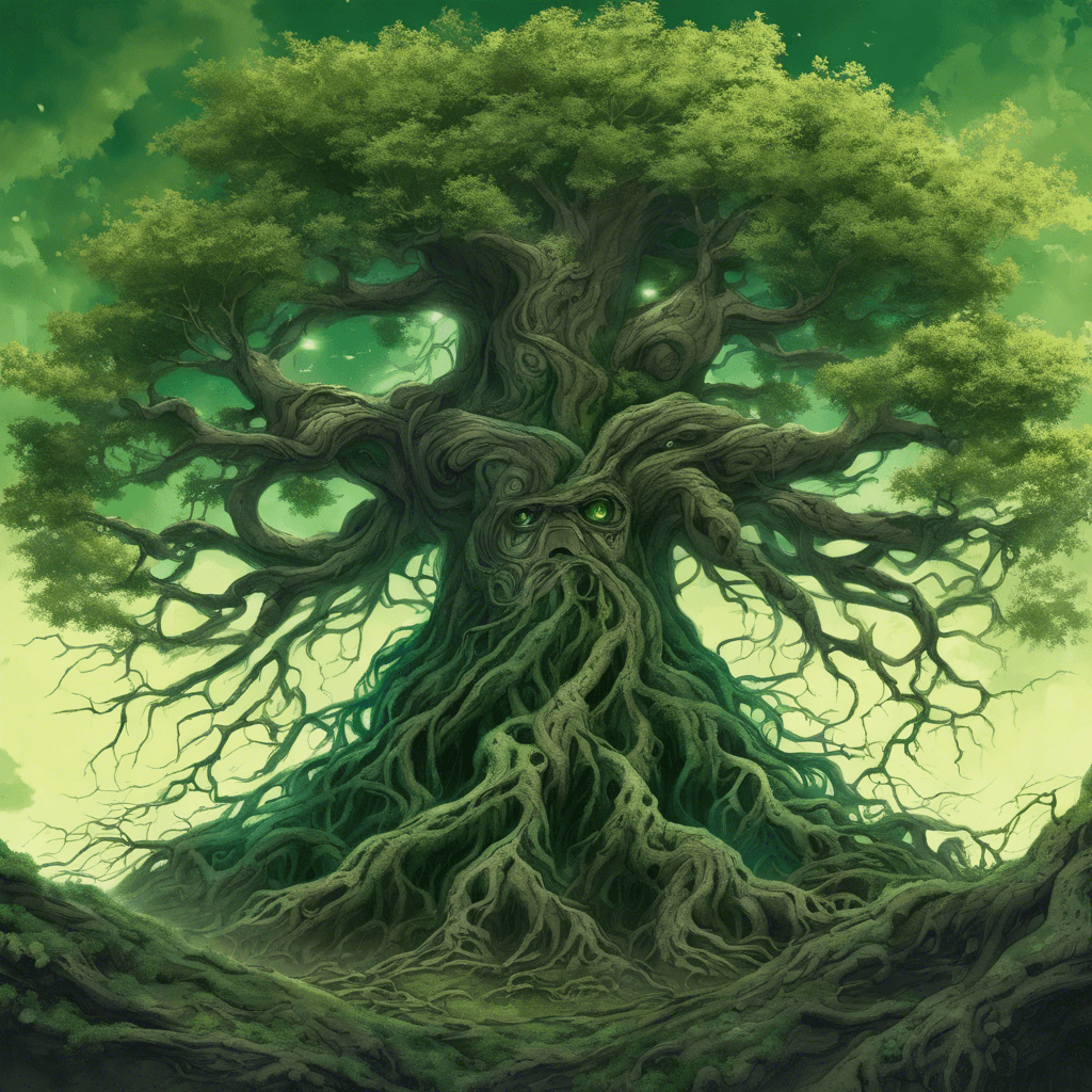 A colossal, animated tree with gnarled branches, eyes that glow with a deep green hue, and roots that tear through the earth with sentient purpose.