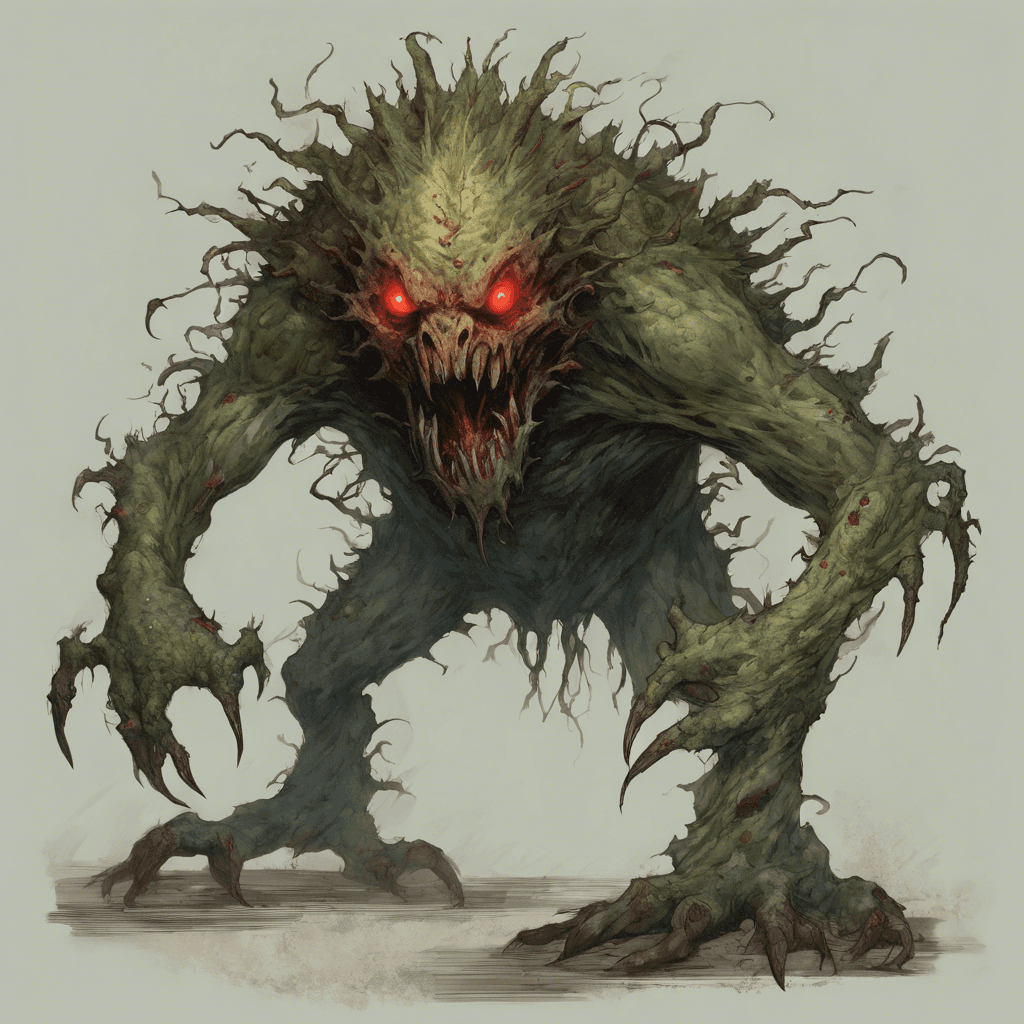 A looming creature with greenish, warty skin, standing at nine feet tall with bulbous red eyes, a wide mouth full of jagged teeth and long, gnarled arms ending in clawed hands covered with thorny growths.