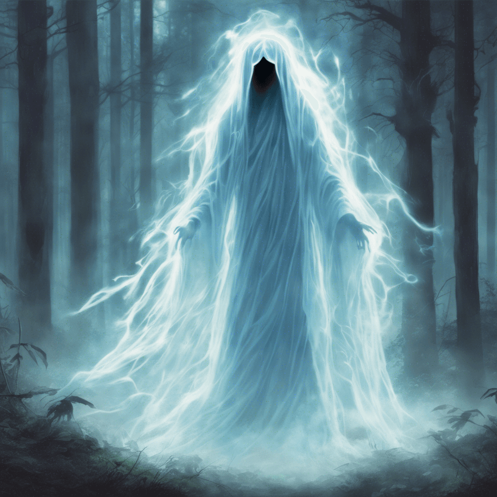 A ghostly entity with a translucent body, drifting through the forest without touching the ground. Its eyes glow with a faint blue light, and tattered robes flutter around its insubstantial form.