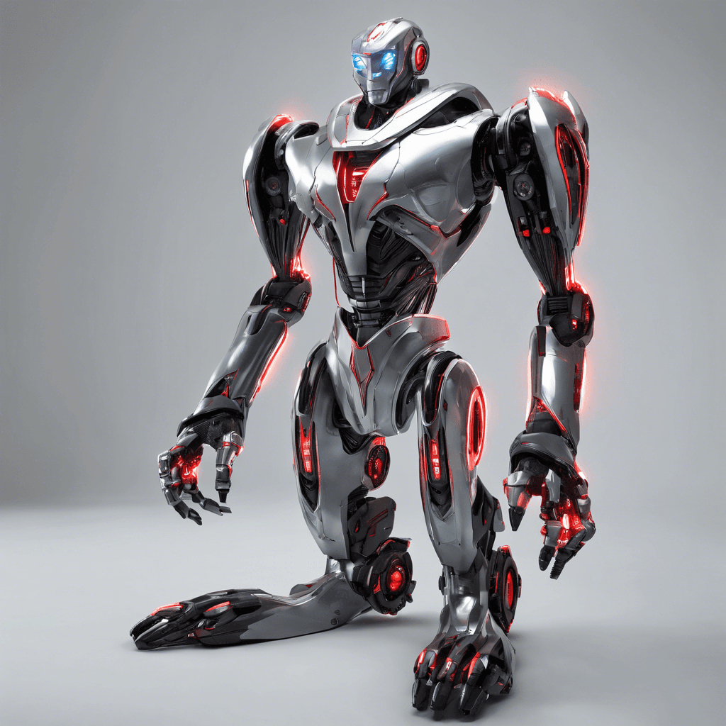 The Neonix Sentinel is a towering, humanoid robot with a sleek, silver body adorned with glowing neon lights that pulse with power. Its eyes shine with a piercing red light, scanning its surroundings for any intruders. Its metallic limbs move with surprising agility, ready to attack at a moment's notice.