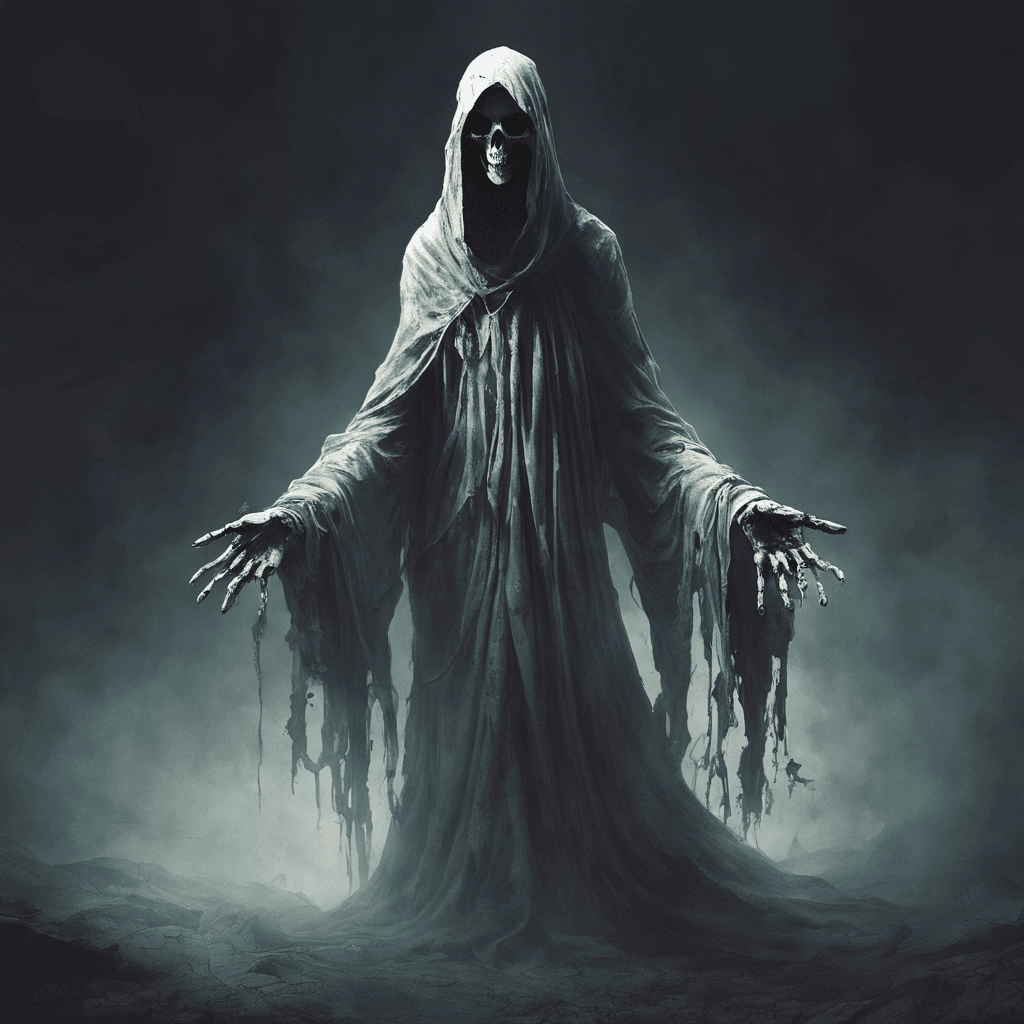 A spectral figure shrouded in tattered robes, hovering above the ground with no visible feet. Its face is a void of darkness save for two glowing eyes, and its long, skeletal hands stretch out menacingly.