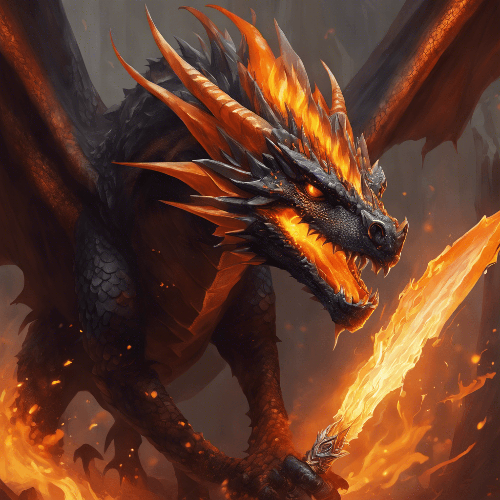 A small but ferocious dragon with scales that shimmer in shades of dark iron and ember orange. Its eyes glow like molten gold, and it has dagger-like teeth, and jagged claws. Smoke wafts from its nostrils as it snarls.