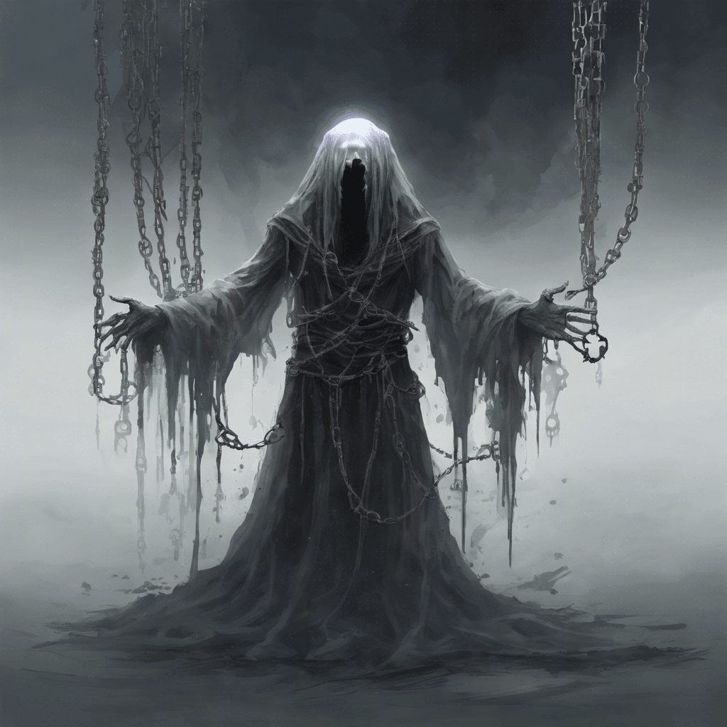 A transparent, wailing specter with tattered robes and chains that rattle ominously. It floats above the ground, its hollow eyes glowing with a faint, unnatural light.