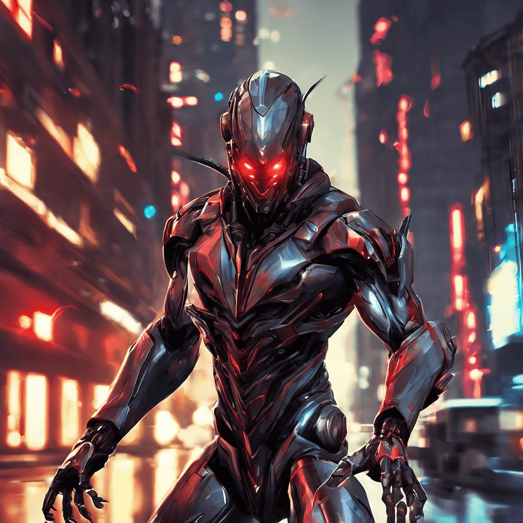 The Nano Swarm Assassin is a sleek, humanoid figure covered in a shimmering metallic suit that can seamlessly blend into the cityscape. Its cybernetic enhancements allow it to move with incredible speed and precision, making it a formidable opponent. Sharp, glowing red eyes pierce through the darkness, showing its advanced targeting system.