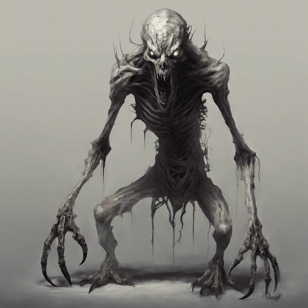 A twisted creature standing with uneven posture, its gray, decaying skin stretched tight over gaunt bones. Its eyes are sunken, glowing with a faint, eerie light. Long, filthy claws protrude from its fingers and it emits a low, guttural snarl.