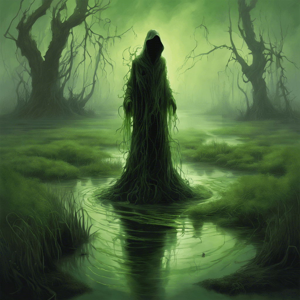 A shadowy figure rising from the marsh, ethereal with eyes glowing green, tendrils of swamp gas twirling around its form.