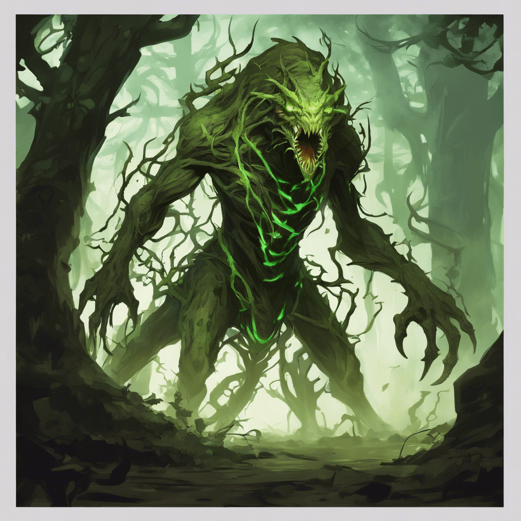 A towering creature of twisted vines and thorns, with glowing green eyes and a gaping maw that leads to an endless abyss within its wooden form. Its limbs are long and dexterous, capable of ensnaring prey from afar.