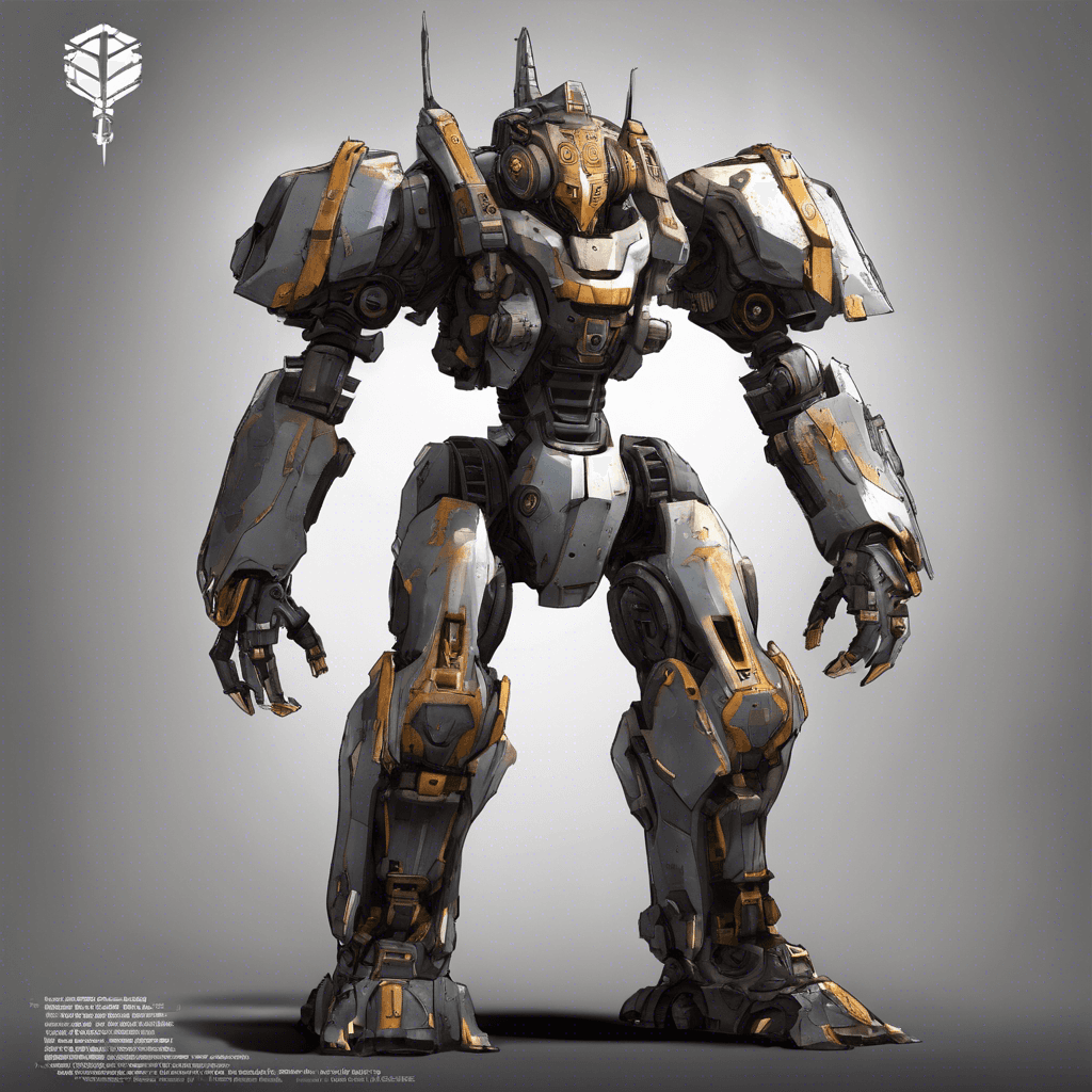 A towering mechanical enforcer, equipped with a hardened exoskeleton and a menacing gaze. Its arms are equipped with energy cannons and a plasma blade. Its design is sleek but intimidating, adorned with the faded insignia of a long-forgotten faction.