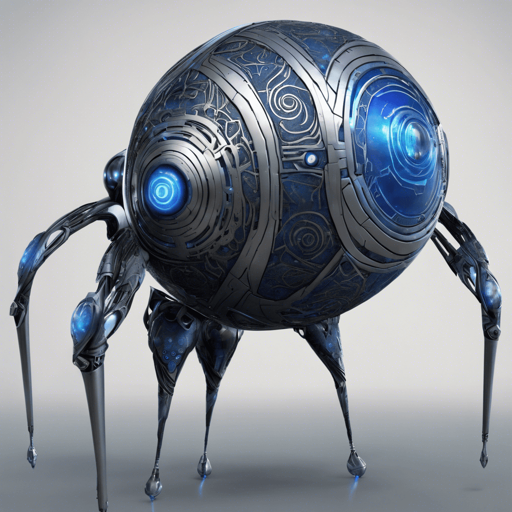 A sleek, floating droid with multiple optic sensors glowing an ominous blue. It has a smooth silver spherical body, with dark, orb-like extremities that hum with arcane energy. Slender arms with intricate patterns etched into them hold wands channeling mystical forces.