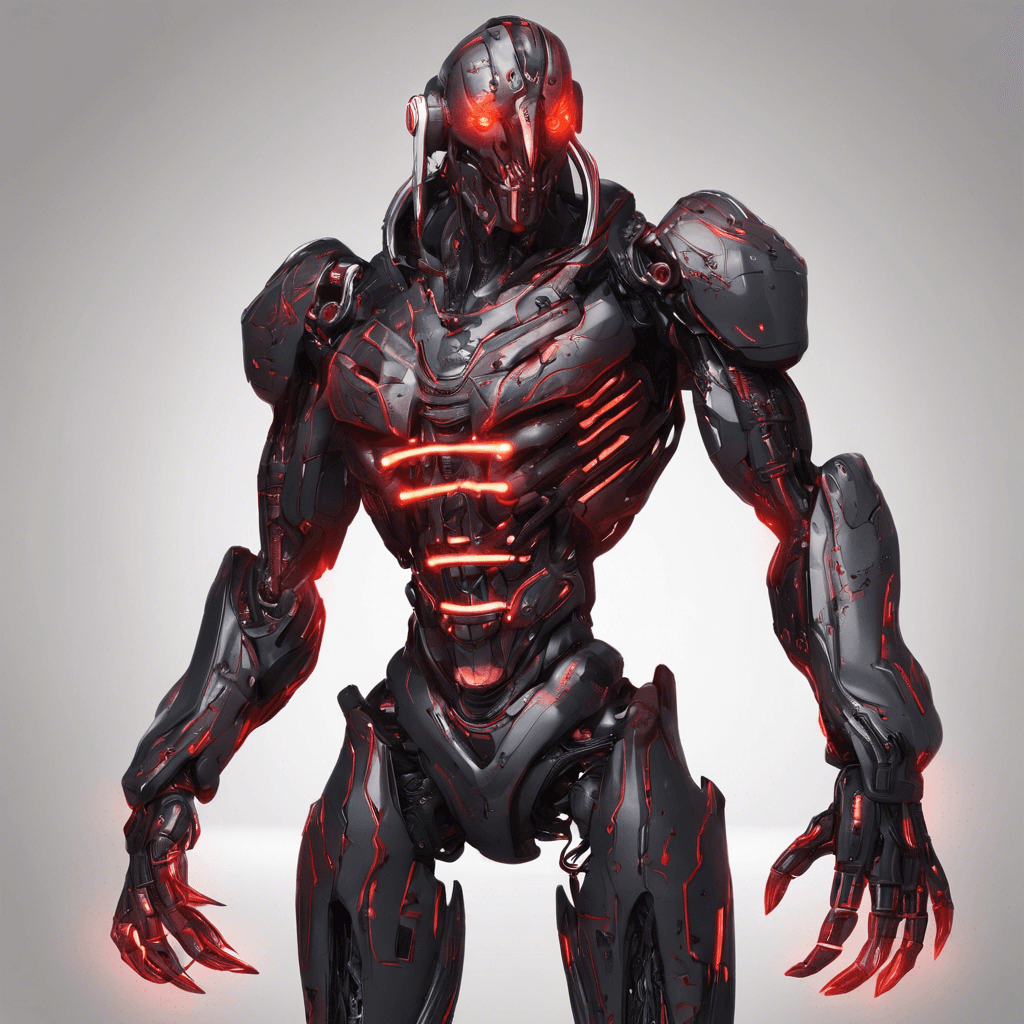 Razorshade is a sleek android with a humanoid form, glowing red eyes, and razor-sharp appendages that glisten with an oily sheen. The cyborg's body is adorned with neon circuitry patterns that pulse with energy. It moves with lethal precision.