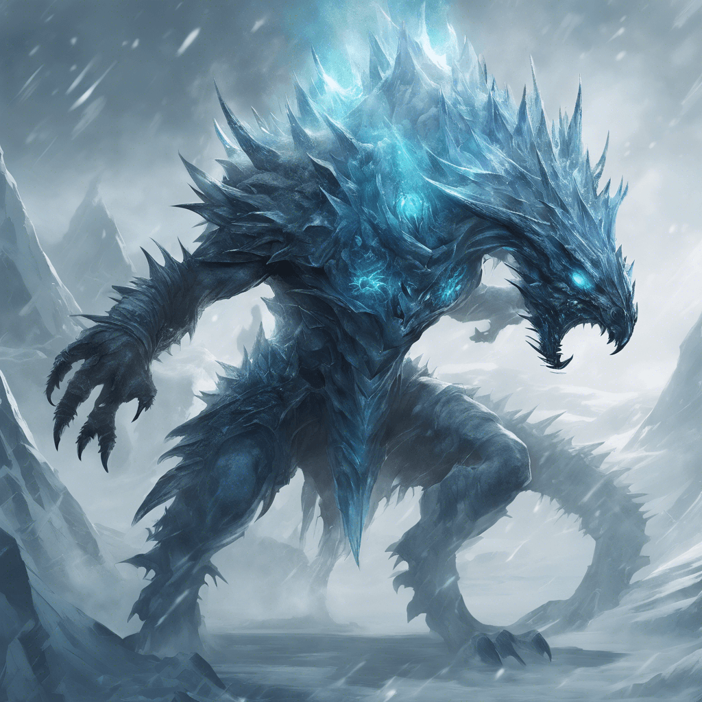 A towering creature of ice and shadow, with glowing azure eyes and jagged crystalline spines protruding from its back. Its limbs are long and end in sharp claws, capable of carving through the densest armor. Mist swirls around its ethereal form, chilling the air around it.