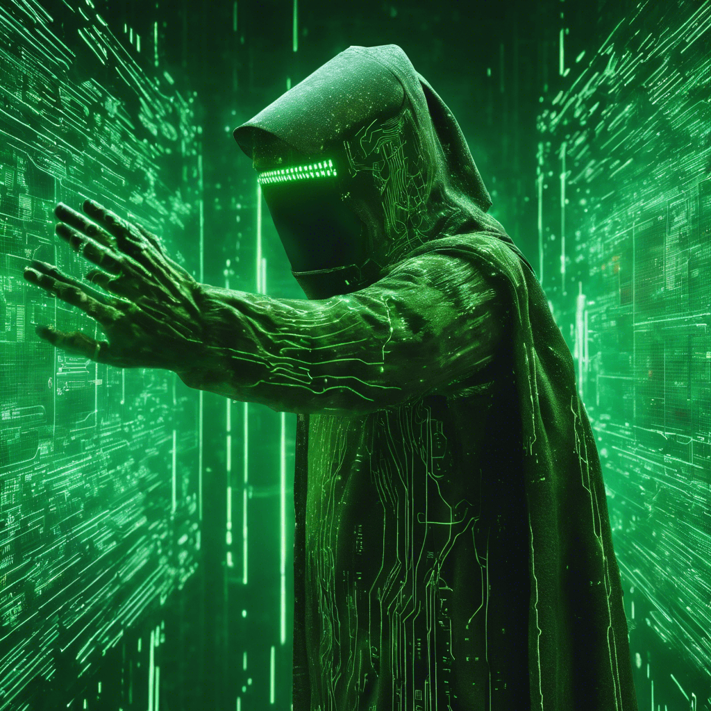 A figure shrouded in a tattered digital cloak, their face obscured by a visor glowing with lines of code. Arms extended, they manipulate holographic screens tinted with the sickly green of ancient terminal displays. Cybernetic implants run along their exposed arms, pulsing with data.