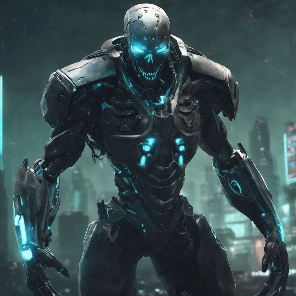 A sinister figure clad in reactive stealth armor that shifts and blends with the environment. Their eyes glow with a cold, mechanical light through a skull-like visor, and they move with predatory grace. Cybernetic implants are visible on their exposed skin, hinting at augmented strength and reflexes.