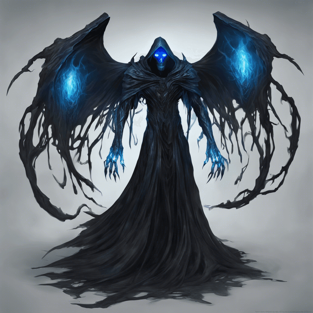 The Void Wraith is a shadowy figure with glowing blue eyes, emanating an eerie aura of darkness and cold. Its body is transparent, phasing in and out of existence, making it difficult to target. It moves silently and swiftly, striking with deadly precision.