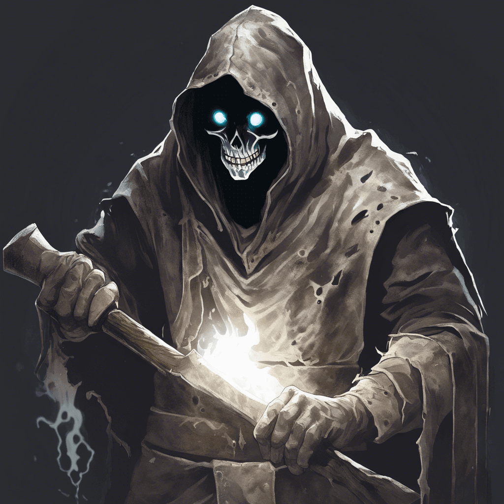 The Spectral Blacksmith appears as a translucent figure clad in tattered leather apron and wielding a ghostly hammer. Its eyes glow with an otherworldly light, and its presence sends shivers down your spine.