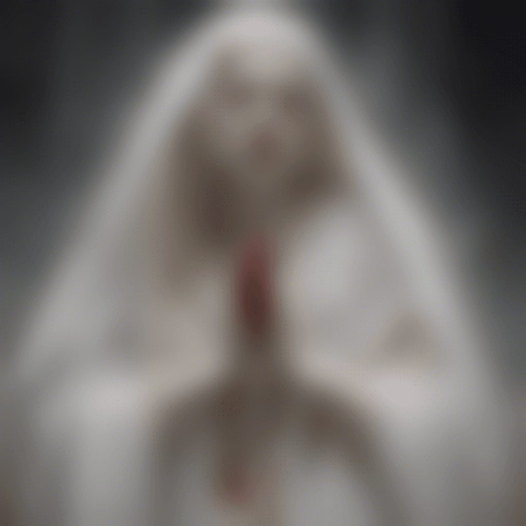 A forlorn spirit of a woman in ethereal white garments, her face is sorrowful with tears of blood, and her hands are outstretched as if reaching for help or perhaps to drag you into her misery.