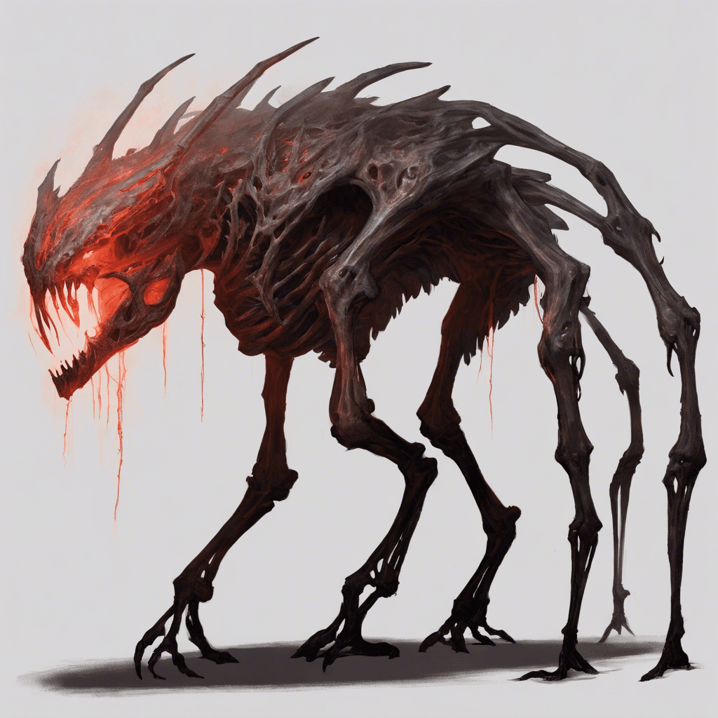 A gaunt figure, with translucent grayish skin stretched taut over its skeletal frame, moves with an eerie grace. Its eyes burn with an unnatural red glow, and long talon-like fingers scrape at the ground.