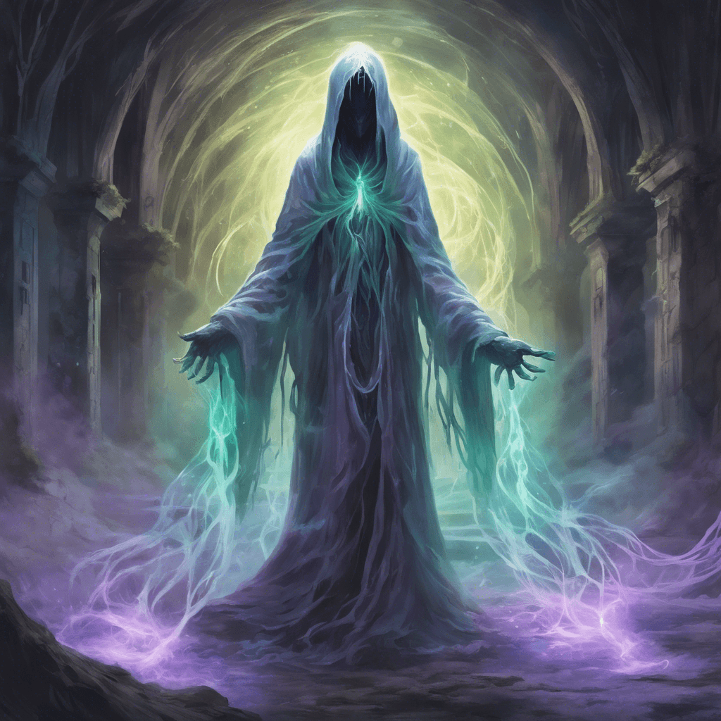 A spectral figure shrouded in ethereal robes, its eyes glowing with a baleful light. Wisps of eldritch energy trail from its outstretched hands, and the air around it is chill and heavy with the scent of decay.